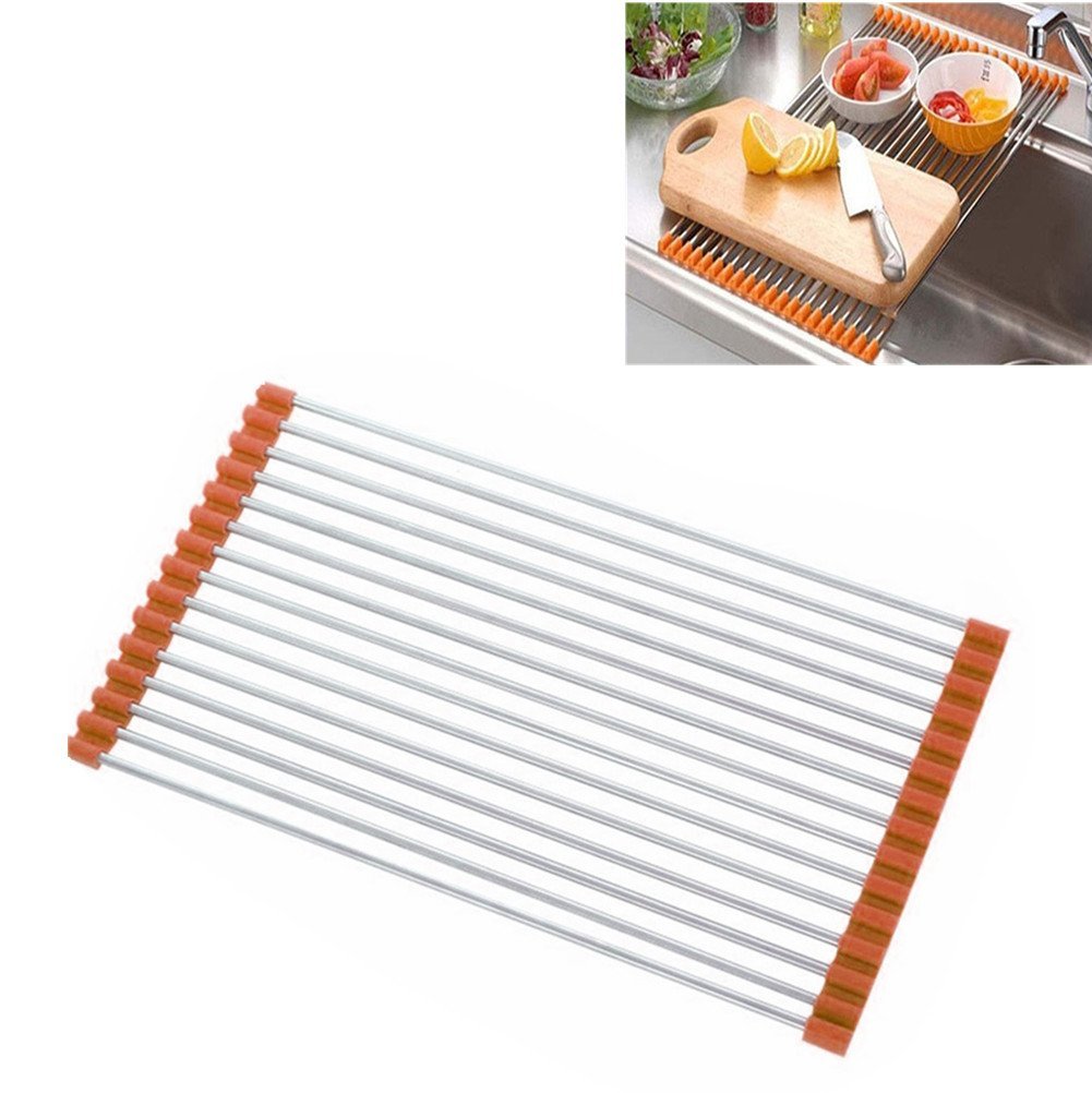 Roll-up Dish Drying Rack Stainless Steel Roll-up Over Sink Rack Orange